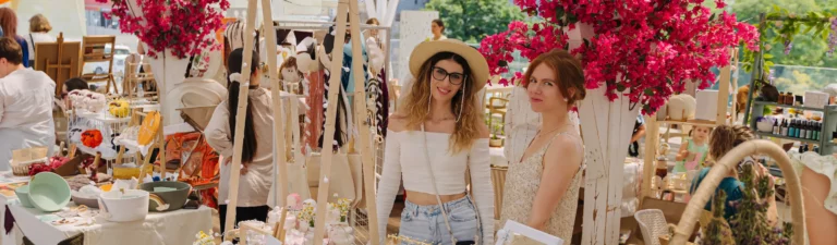 Craft vendors smile and stand behind their jewelry craft table at a craft market decorated with neutral-tone decor, pink bougainvillea, and boho crafts.