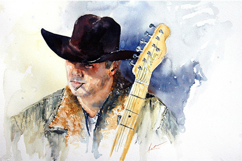A watercolor portrait by Karen Martin of a western country singer wearing a cowboy hat and holding a guitar.