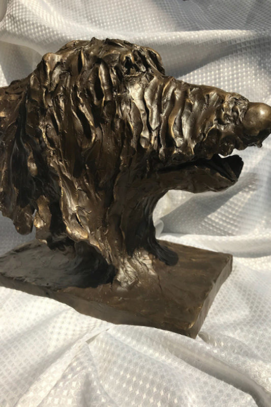 A bronze sculpted bust of an Irish Wolfhound created by Karen Martin.