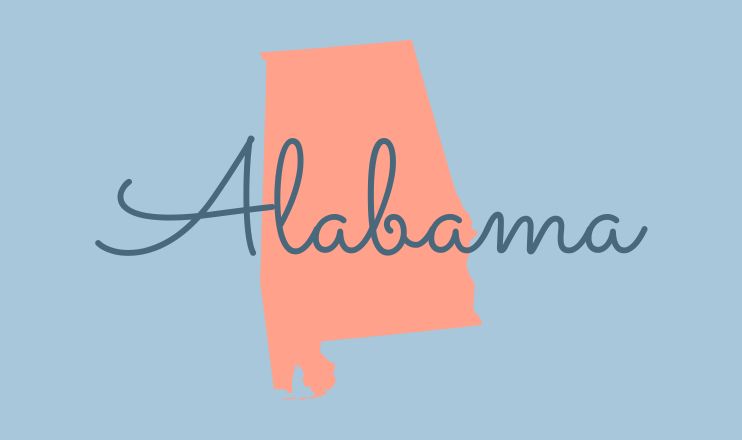 The name "Alabama" over a graphic of the state on a blue background.