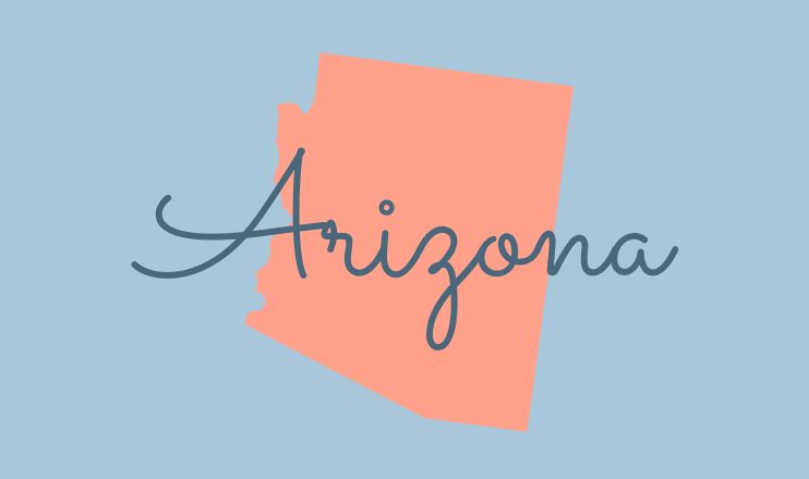 The name "Arizona" over a graphic of the state on a blue background.