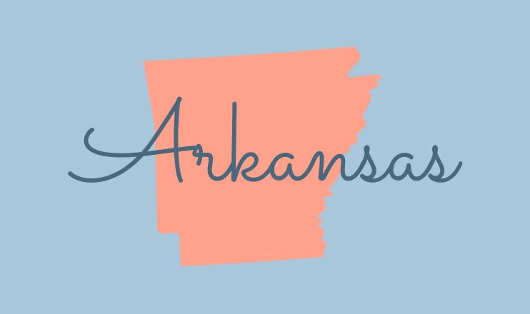 The name "Arkansas" over a graphic of the state on a blue background.