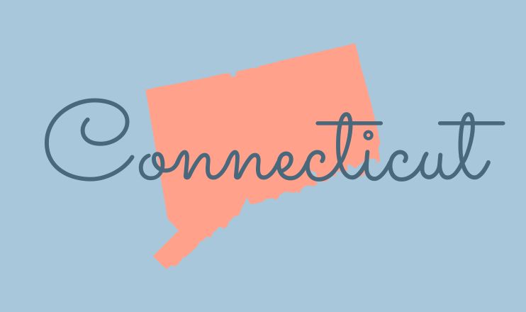The name "Connecticut" over a graphic of the state on a blue background.