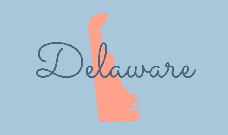 The name "Delaware" over a graphic of the state on a blue background.