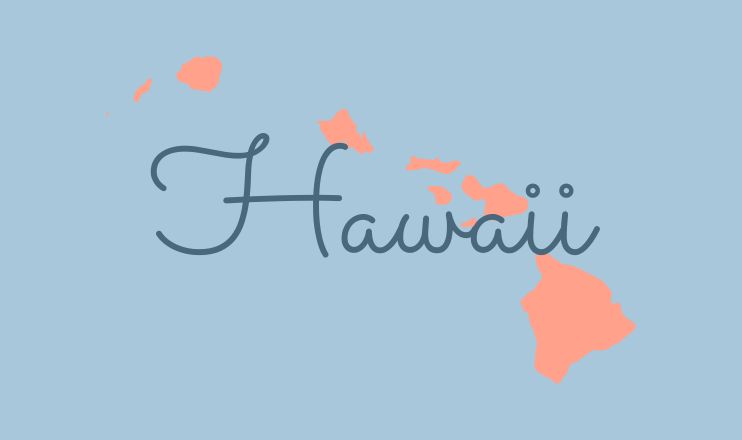The name "Hawaii" over a graphic of the state on a blue background.