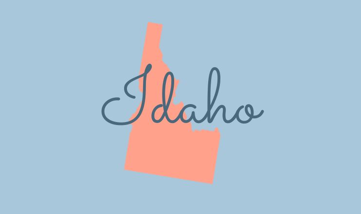 The name "Idaho" over a graphic of the state on a blue background.