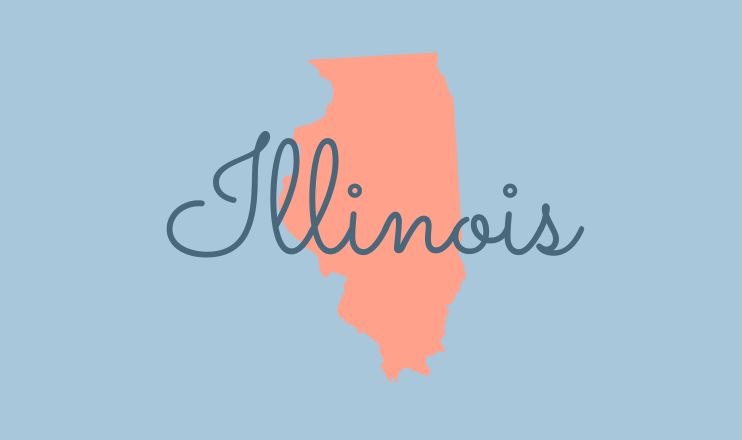 The name "Illinois" over a graphic of the state on a blue background.