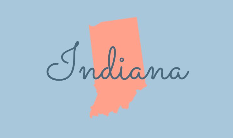 The name "Indiana" over a graphic of the state on a blue background.