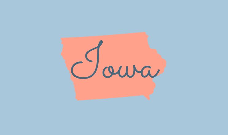 The name "Iowa" over a graphic of the state on a blue background.