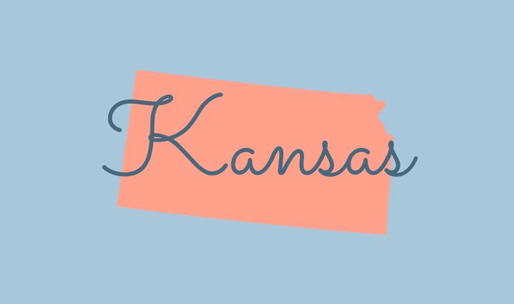 The name "Kansas" over a graphic of the state on a blue background.