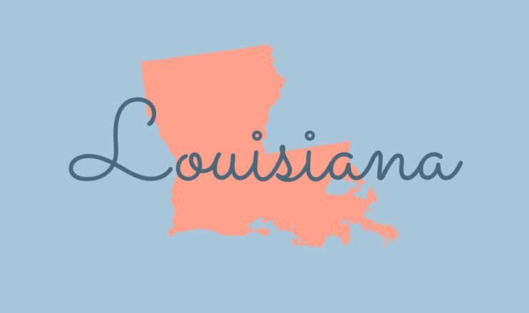 The name "Louisiana" over a graphic of the state on a blue background.