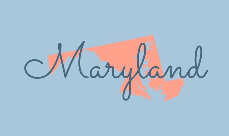 The name "Maryland" over a graphic of the state on a blue background.