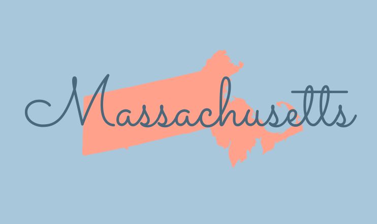 The name "Massachusetts" over a graphic of the state on a blue background.