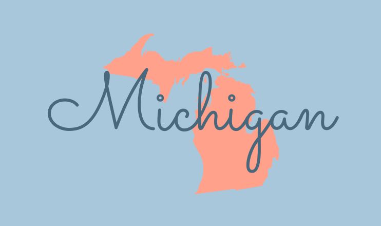 The name "Michigan" over a graphic of the state on a blue background.