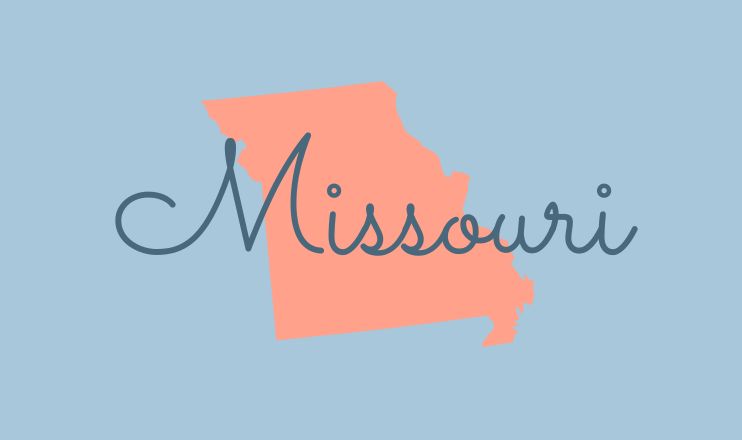 The name "Missouri" over a graphic of the state on a blue background.