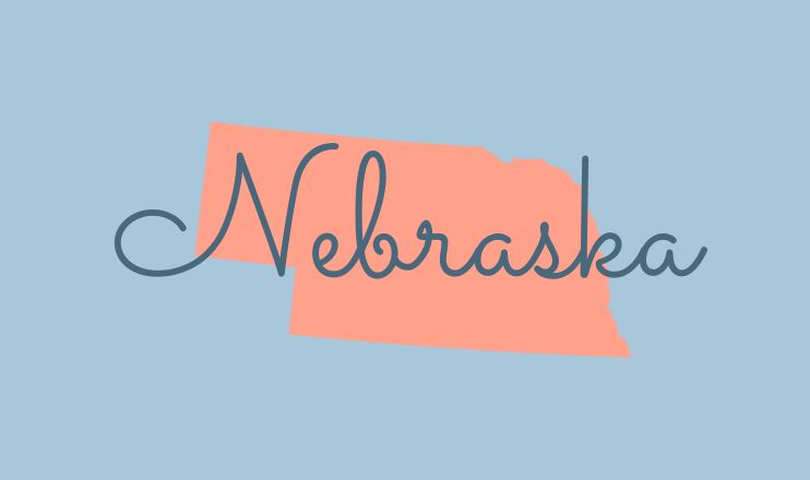 The name "Nebraska" over a graphic of the state on a blue background.