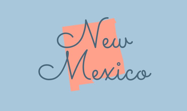 The name "New Mexico" over a graphic of the state on a blue background.