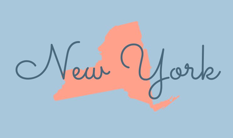The name "New York" over a graphic of the state on a blue background.