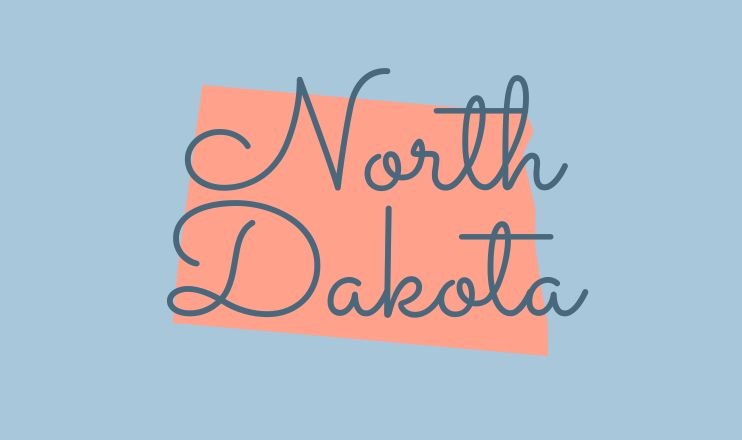 The name "North Dakota" over a graphic of the state on a blue background.