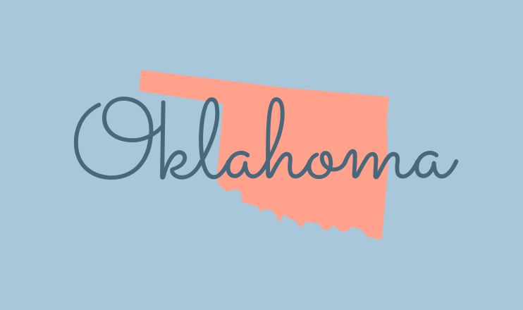The name "Oklahoma" over a graphic of the state on a blue background.