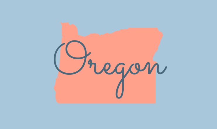 The name "Oregon" over a graphic of the state on a blue background.