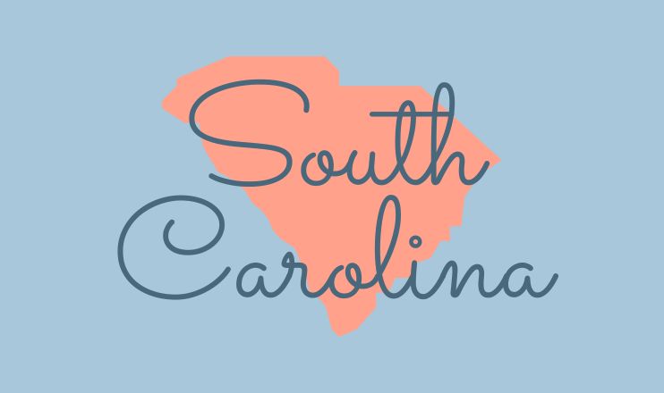 The name "South Carolina" over a graphic of the state on a blue background.
