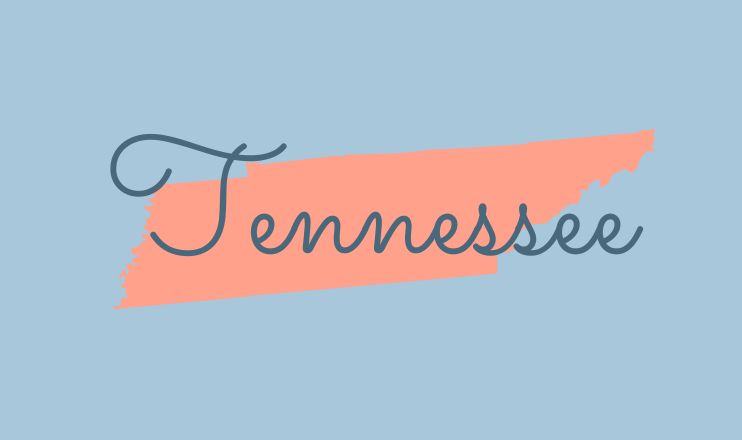 The name "Tennessee" over a graphic of the state on a blue background.