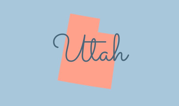 The name "Utah" over a graphic of the state on a blue background.
