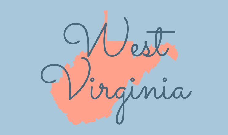 The name "West Virginia" over a graphic of the state on a blue background.