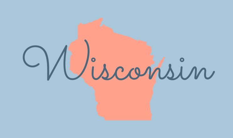 The name "Wisconsin" over a graphic of the state on a blue background.