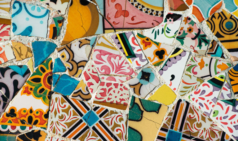 A variety of broken pottery tiles.