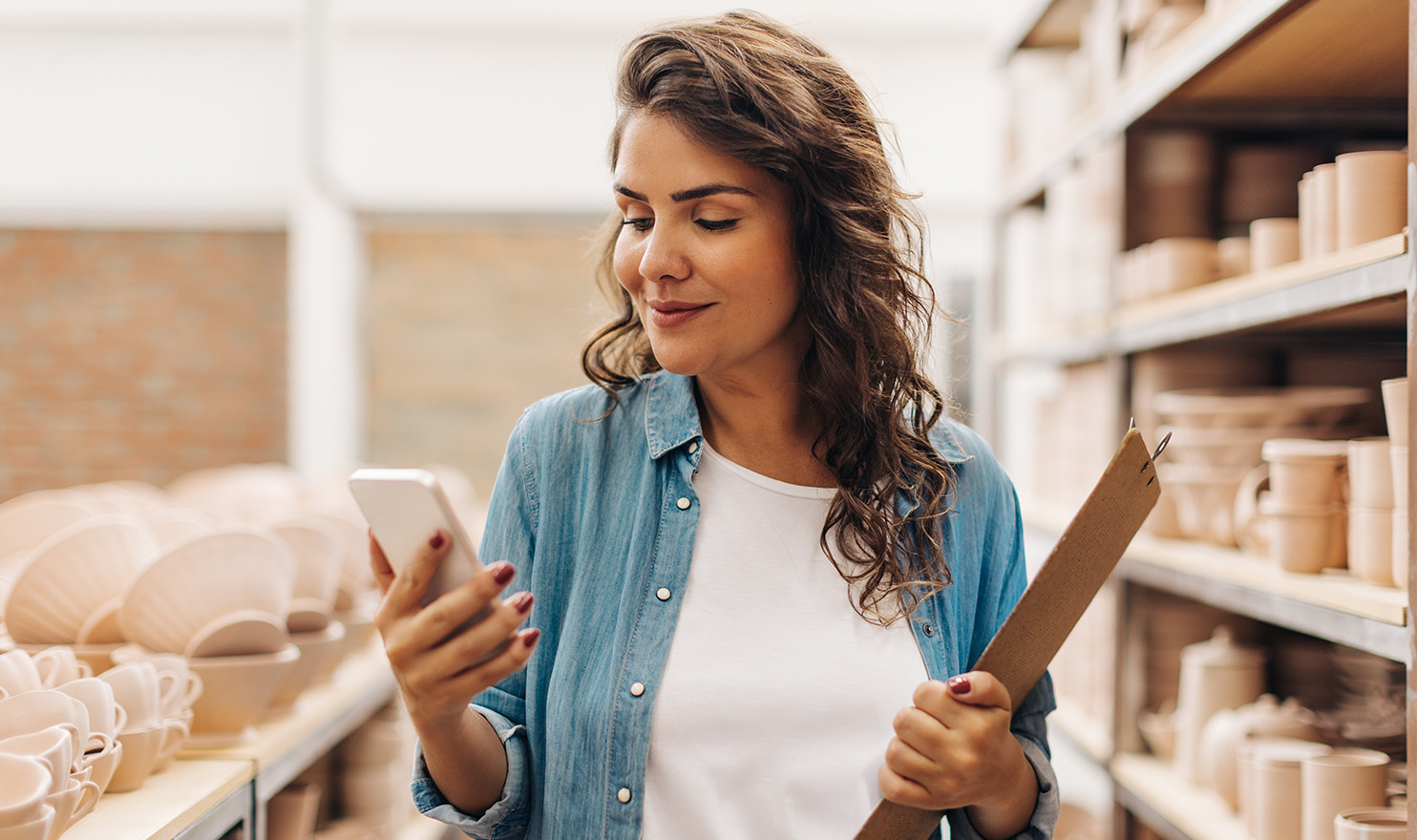 A woman is walking through her creative studio with a clipboard and her cell phone where she is answering some customer questions.