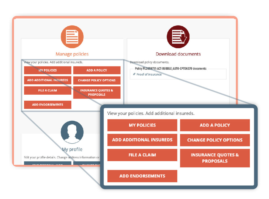 A snapshot of the dashboard view showing potential options to add and manage policies, payment, and user information.