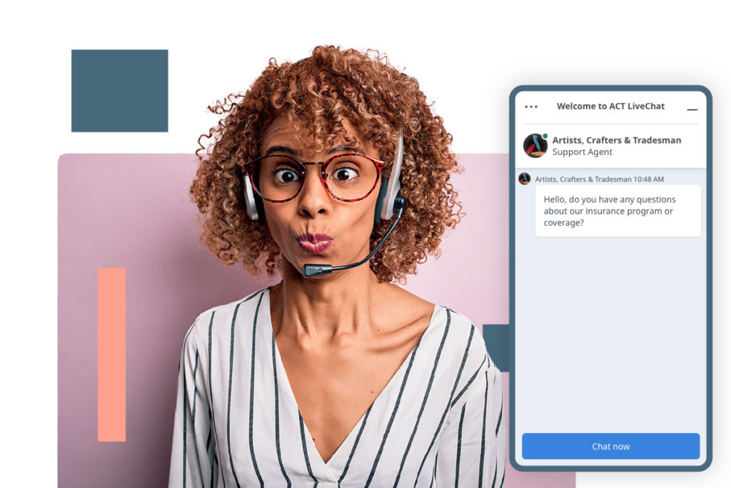 An ACT Customer Service Representative making silly faces. A chat window shows a text conversation of a CSR being helpful.