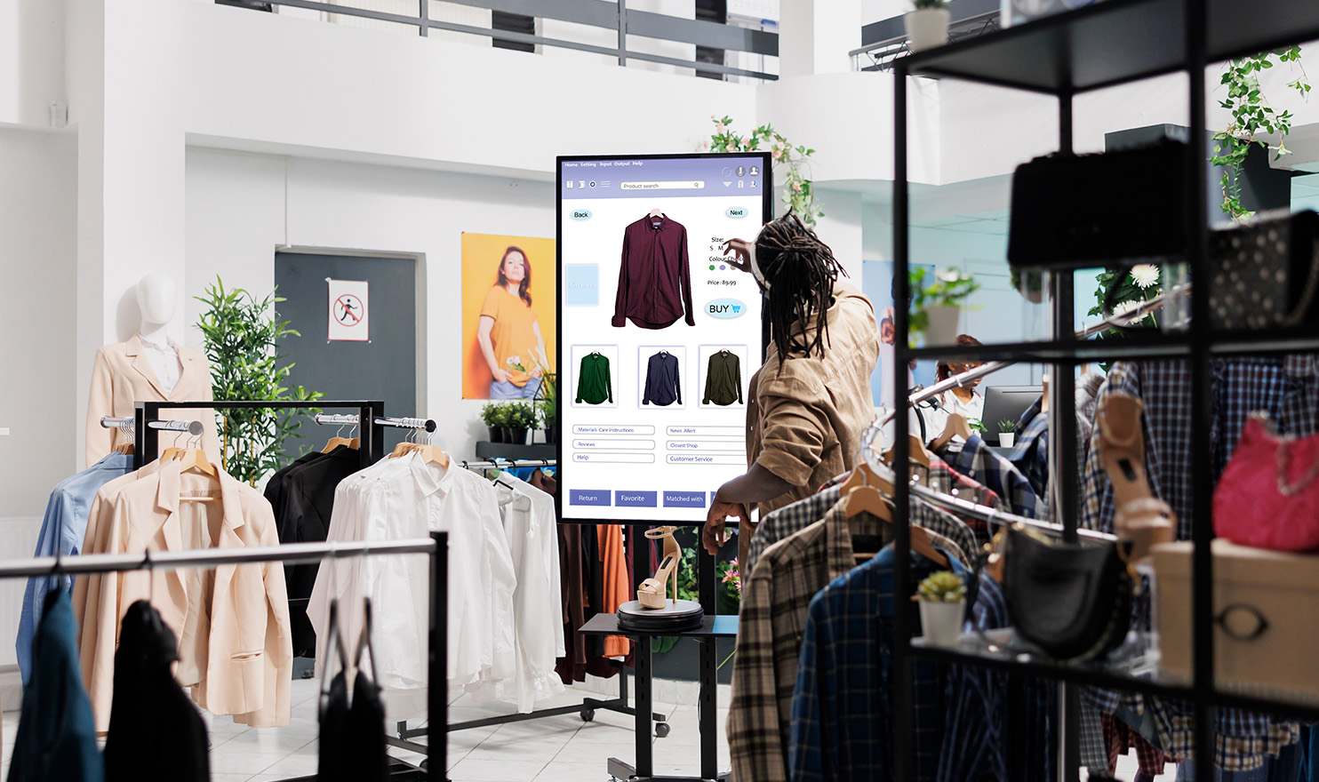 A customer is using a touch screen in a trade show booth. Having interactive trade show displays is an easy and cheap idea.