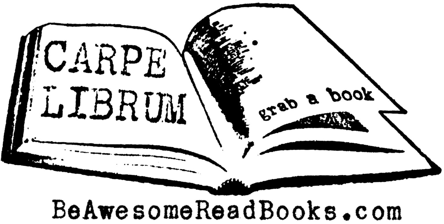 Elizabeth's business logo for Carpe Librum shows a black and white graphic of an open book, with her business name on one page and the phrase, "grab a book," on the other page. Her website URL beaweseomereadbooks.com is displayed across the bottom of the image.