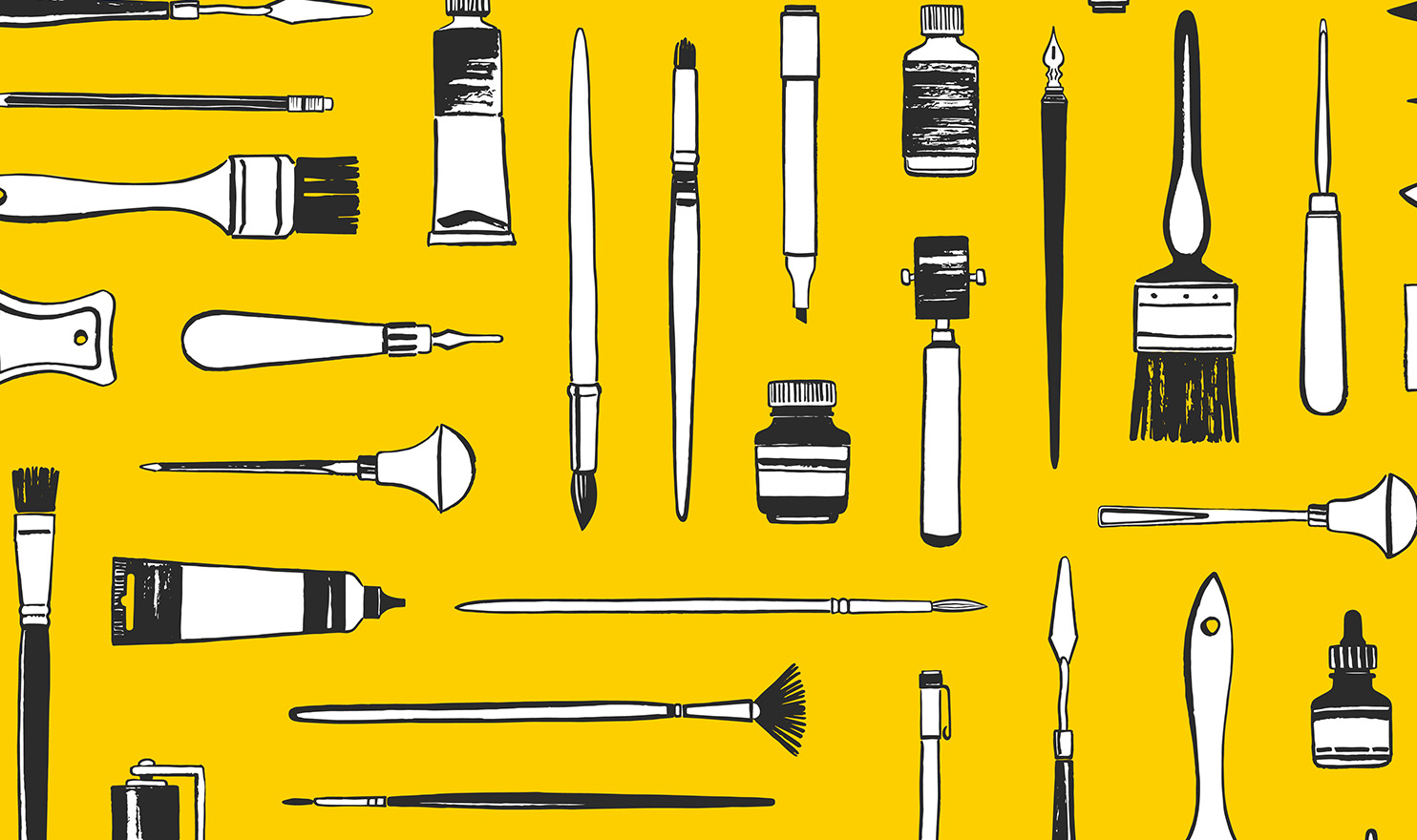 An illustration of black and white crafting and artist tools on a yellow background.