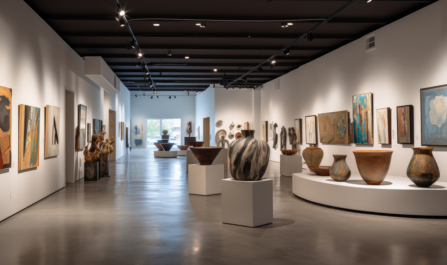 A wide angle shot of a gallery exhibit filled with handmade pottery, paintings, photographs, and other types of artwork on display.