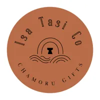 A brown and black logo depicting a latte stone, waves, and a rainbow in a circle. Text reads, "Isa Tasi Co Chamoru Gifts."