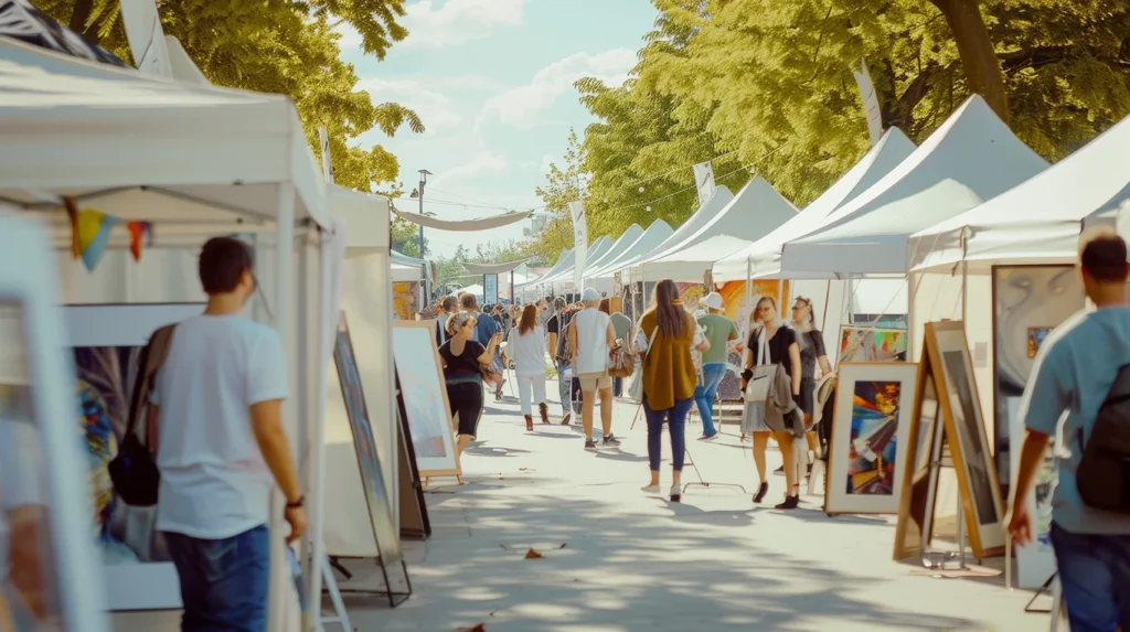 Artist booths outdoors at a market.