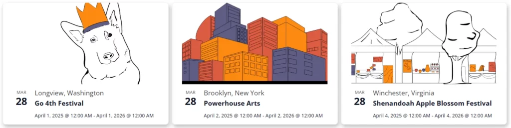 three boxes with illustrations, dates, times, titles, and locations of art shows