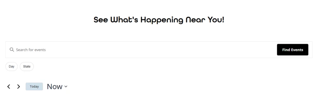 event finder search bar with filters for day, state, and date