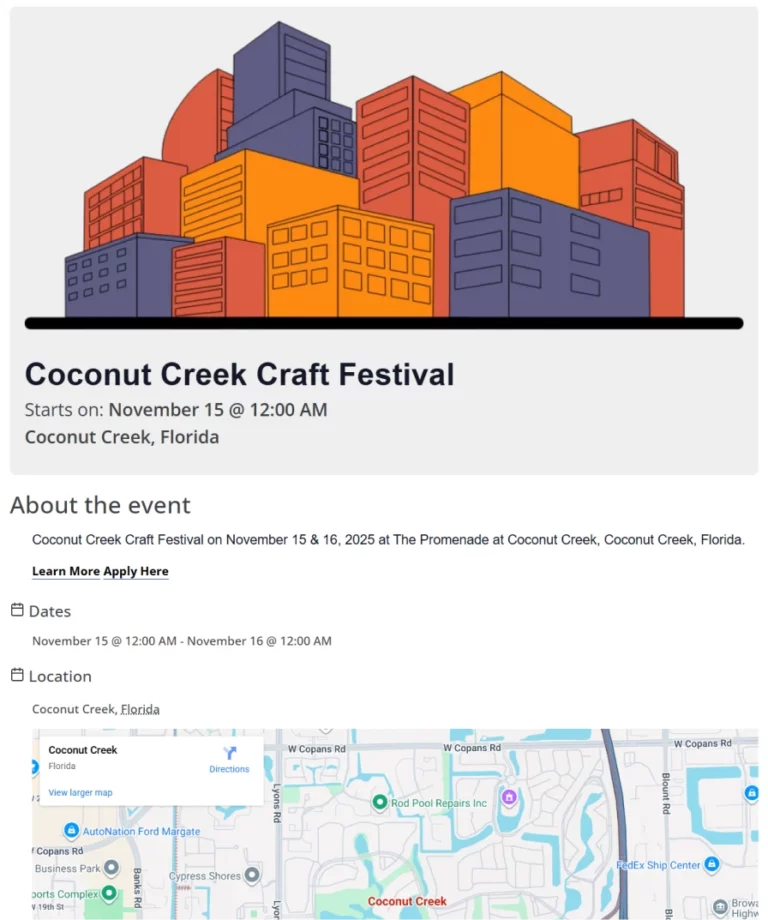 screenshot of an event listing for a craft show with information about the event, dates, location, and a map