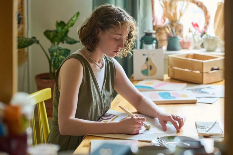 a young woman painting abstract artwork while seated at a desk